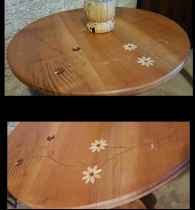 Small round table with flowers. Made in cherry wood. Marquetry in walnut, olive tree, hornbeam, plum tree woods. Height: 80cm, Diameter: 60 cm.